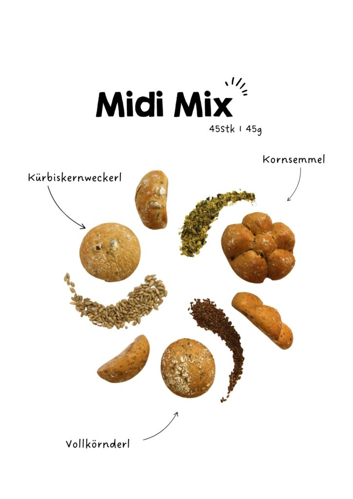 Klagenfurt am Wörthersee, Naturbäckerei Lagler, der neue Midi Gebäck Mix mit unsere Kornsemmel, Vollkörndl und Kürbiskernweckerl